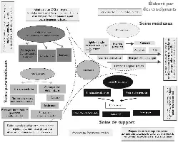 Description de l'image par IA : Diagram médical sur le traitement du cancer avec des sections pour soins médicaux, effets secondaires, et soutien aux patients.