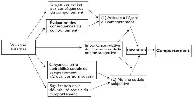 Description de l'image par IA : Diagram montrant les relations entre variables externes, attitudes, normes sociales, intentions et comportements de santé.
