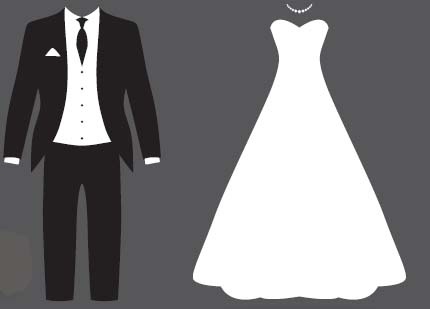 Description de l'image par IA : Costume de mariage : costume noir pour homme, robe blanche pour femme.