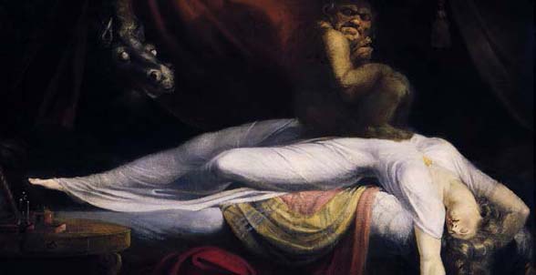 Description de l'image par IA : Femme nue sous drap, diable sombre derrière.