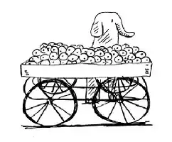 Description de l'image par IA : Un éléphant tire une charrette remplie de cercles.