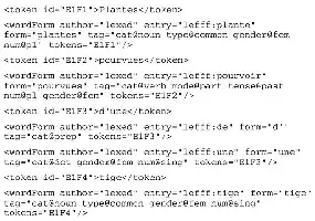 Code XML avec annotations morpho-syntaxiques pour des mots en français.