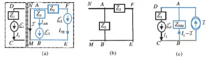 Description de l'image par IA : Schémas électriques avec composants Z, I et points de connexion étiquetés A, B, C, D, E, F, M, N.