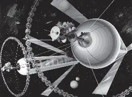 Description de l'image par IA : Deux cylindres rotatifs d'O'Neill avec habitats et miroirs solaires dans l'espace.
