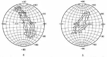 Description de l'image par IA : Deux cartes hémisphériques de la Galaxie avec des lignes isophotes et des chiffres indiquant l’ascension droite et la déclinaison.