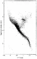 Description de l'image par IA : Graphique couleur-magnitude avec points denses en V et en diagonale, étoiles proches, naines blanches en bas à gauche.