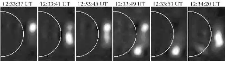 Description de l'image par IA : Sursauts radio du Soleil, régions d'émission se déplaçant rapidement sur des images à 73 cm.
