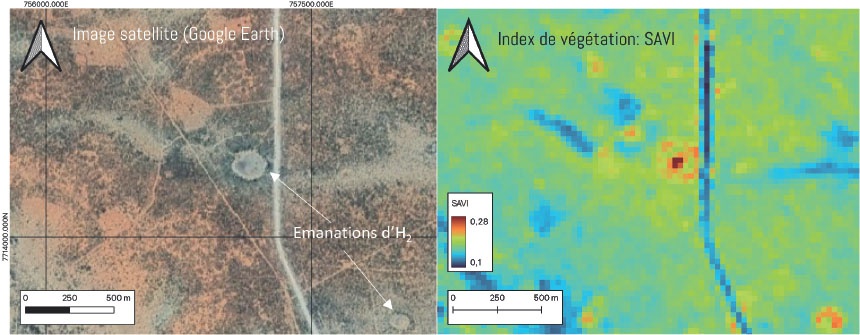 Description de l'image par IA : Cartes satellites montrant une structure sans végétation et un index de végétation en Namibie.