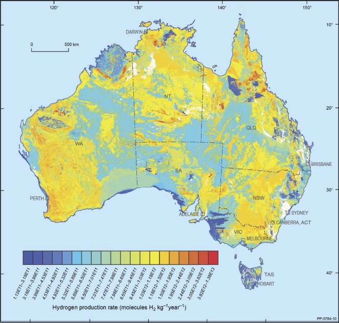 Description de l'image par IA : Carte du flux d'hydrogène en Australie avec des variations de couleurs indiquant les taux de production.