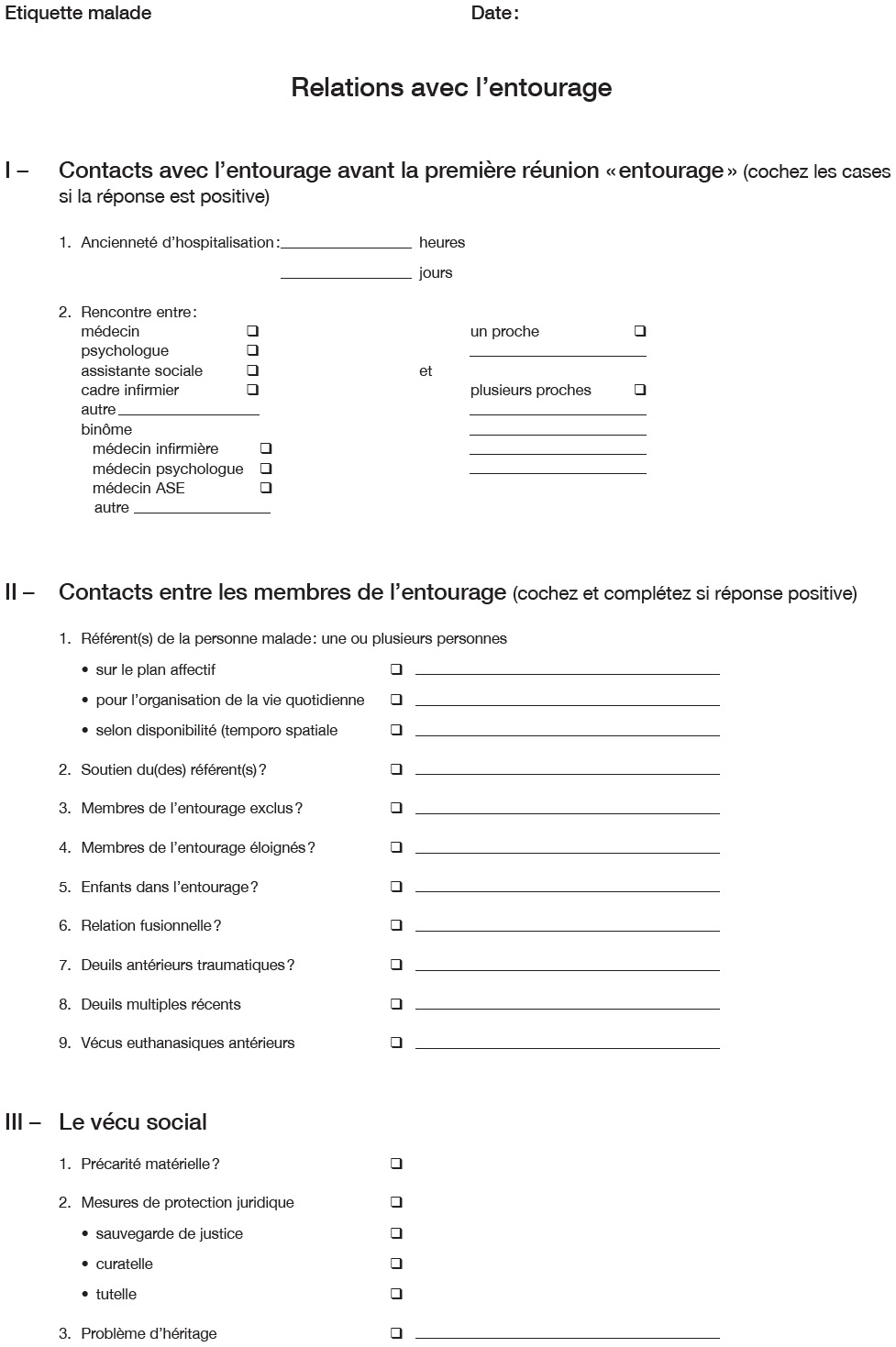 Description de l'image par IA : Formulaire médical avec questions sur les contacts et le vécu social.
