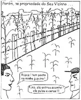 Description de l'image par IA : Deux hommes discutent devant une clôture. À droite, des plantes envahissent la jachère.