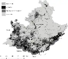 Description de l'image par IA : Carte de la région PACA montrant l'urbanisation actuelle et projetée, avec des zones naturelles et des espaces bâtis.