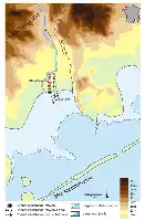 Description de l'image par IA : Carte du delta ancien du Lez avec Lattes-Centre et Lattara, Mer Méditerranée, relief et canaux.