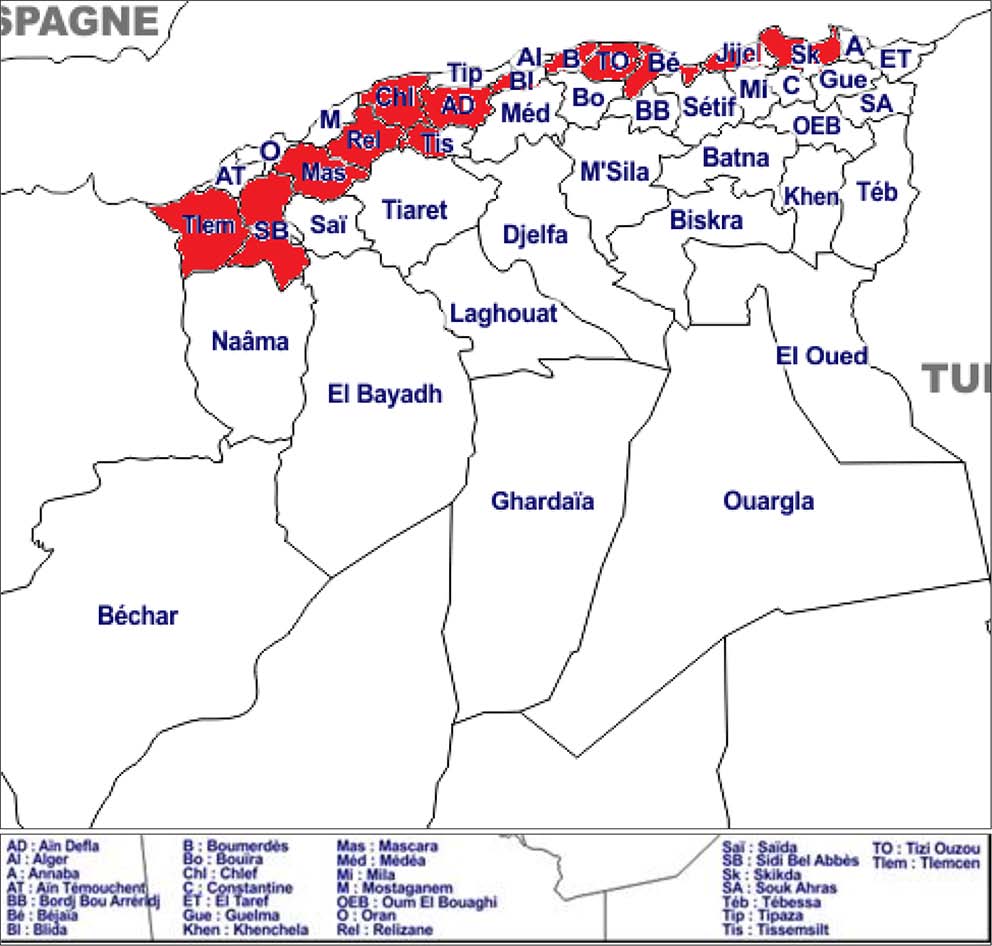 Description de l'image par IA : Carte géographique avec des zones en rouge et des légendes en bleu et rouge.