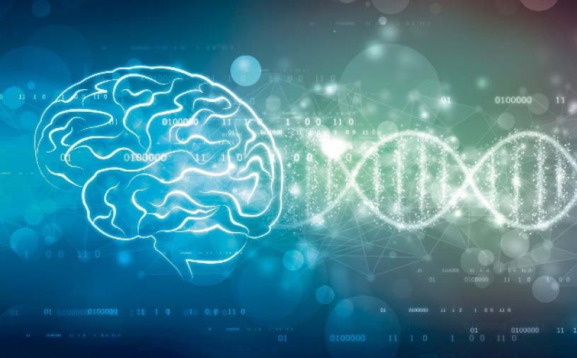 Description de l'image par IA : Cerveau et ADN avec codes binaires et lumières bleues et vertes.