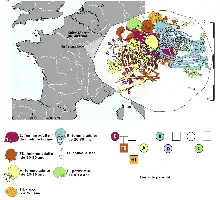 Description de l'image par IA : Carte géographique avec diagramme de squelettes colorés et arbre généalogique.