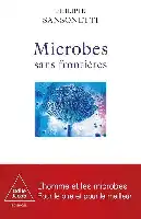 Description de l'image par IA : Couverture de livre avec une image de microbe bleu et texte "Microbes sans frontières" de Philippe Sansonetti.