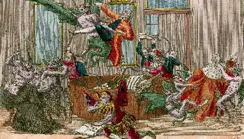 Description de l'image par IA : Danseurs grotesques, diable emportant Mesmer, malades mécontents jetant accessoires dans un grand baquet.