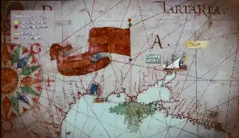 Description de l'image par IA : Carte ancienne montrant la mer Noire et la mer d'Azov avec des routes commerciales et des points d'appui.