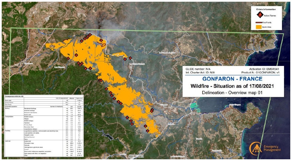 Description de l'image par IA : Carte de l'incendie de Gonfaron en France, avec zones affectées et informations sur les feux.