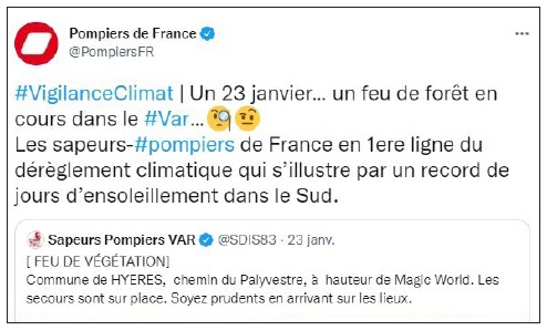 Description de l'image par IA : Capture d'écran d'un tweet sur un incendie dans le Var, avec texte et icônes.