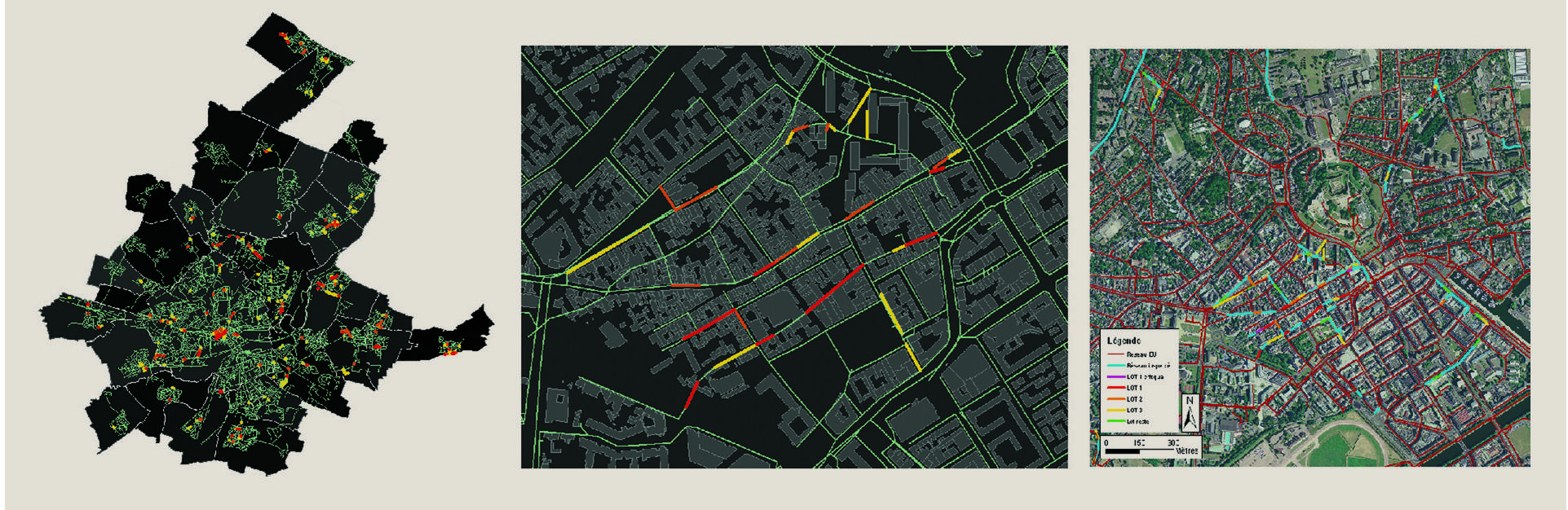 Description de l'image par IA : Cartes urbaines avec routes et bâtiments, couleurs codées pour différents types de données.