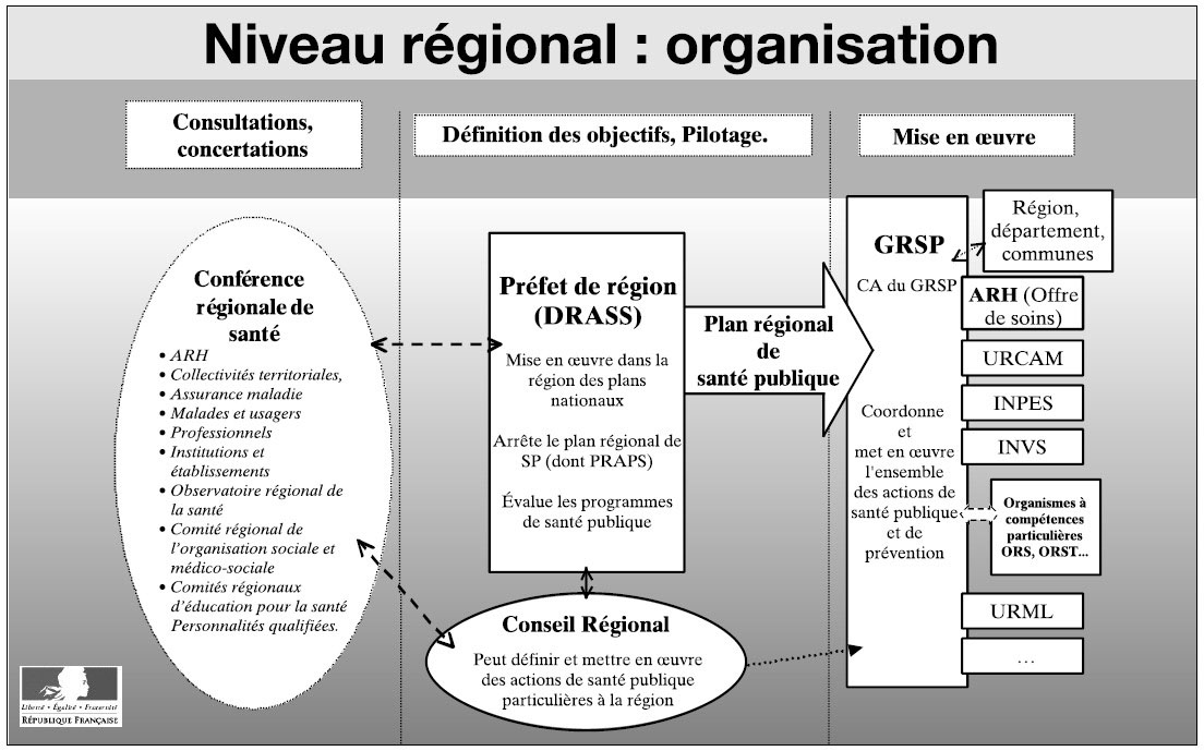 Description de l'image par IA : Organigramme régional de la santé avec conférences, définitions d'objectifs, et mise en œuvre des plans de santé publique.