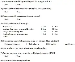 Description de l'image par IA : Formulaire de sondage avec des cases à cocher et des questions sur les services HDJG, satisfaction et suggestions.