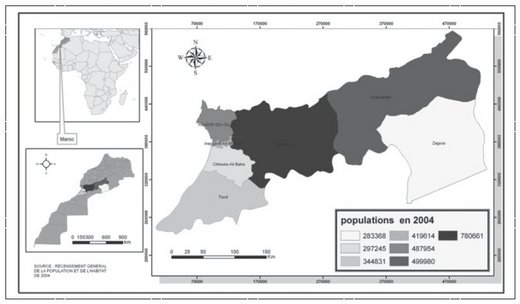 Description de l'image par IA : Carte géographique détaillant la région de Souss-Massa-Drâa avec populations en 2004.